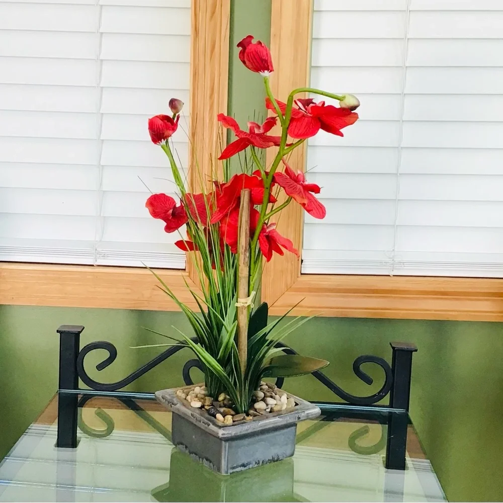 Red Artificial Orchid Arrangement in Gray Planter -